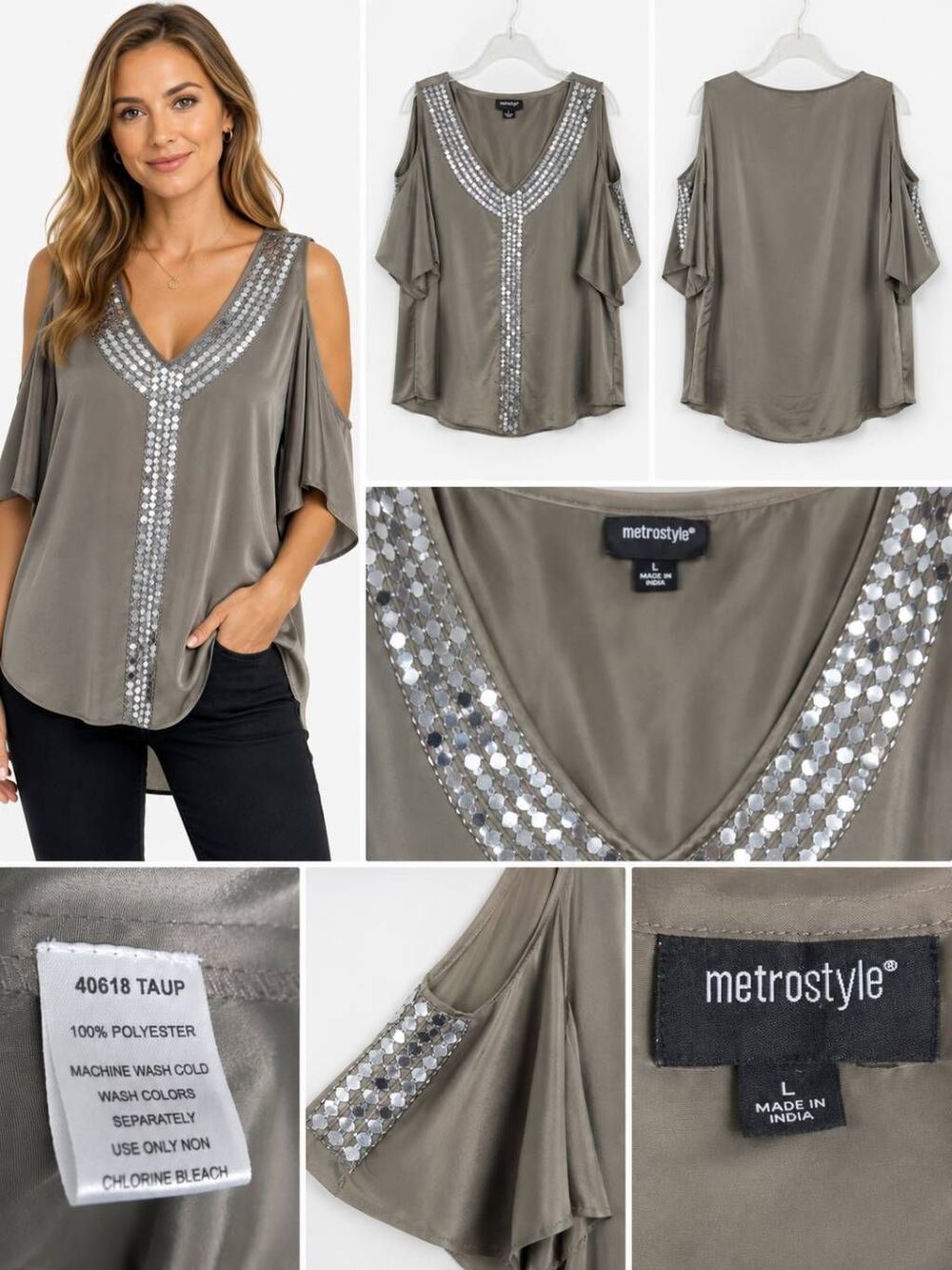 Metrostyle Size L Taupe Sequin Cold Shoulder Blouse